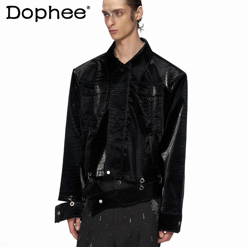 

2025 Autumn New Fashion Faux Leather Jackets Men Women Metal Splicing Stylish Lapel Coats Long Sleeve Chic Faux Leather Jackets