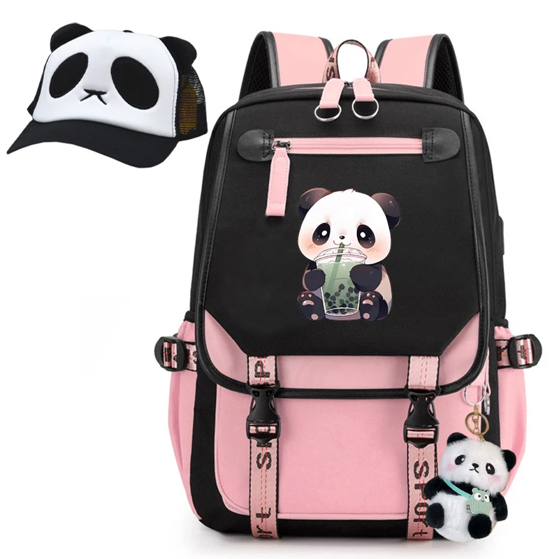 인기 애니메이션 소녀 배낭 카와이 팬더 보바 티 애니메이션 만화 학교 가방, 모자, 백팩, 플러시 키체인, 3PS 풀 세일