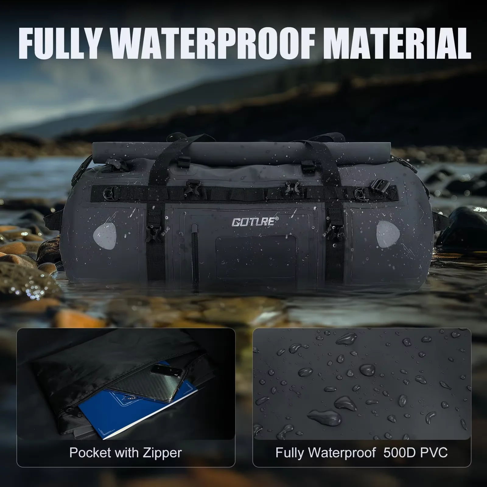 バイク用防水バッグ。透明ポケット付き、ロールトップクロージャ - Motorcycle Tail Bag Waterproof Roll Top のレビューと価格