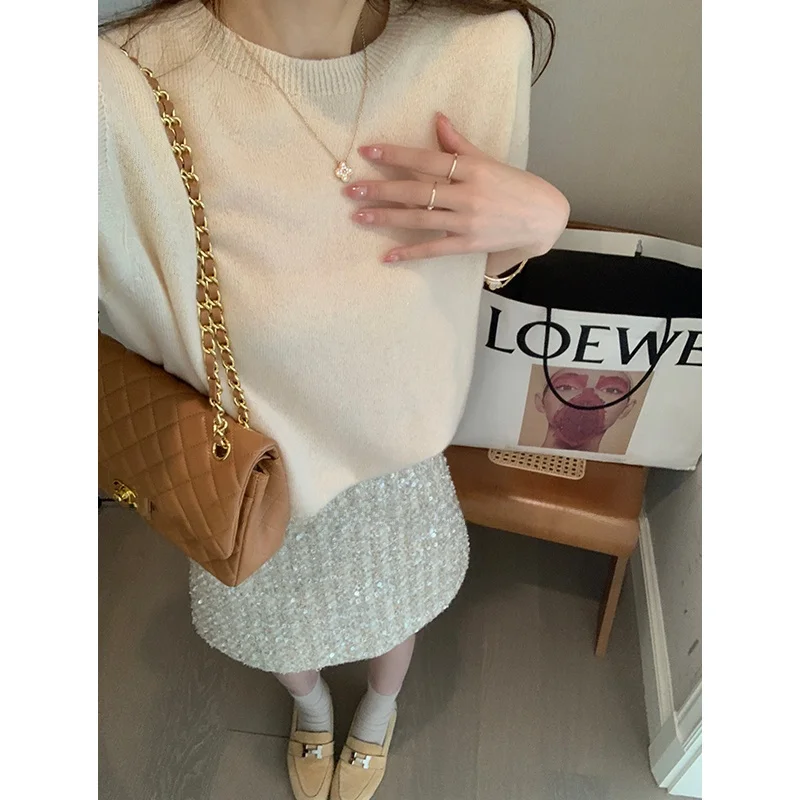 

Мягкий шерстяной вязаный свитер-пуловер для женщин, полностью шерстяной, однотонный, весенняя новинка, в стиле Lazy Feel, MUKOK STUDIO, свободный крой, укороченный.