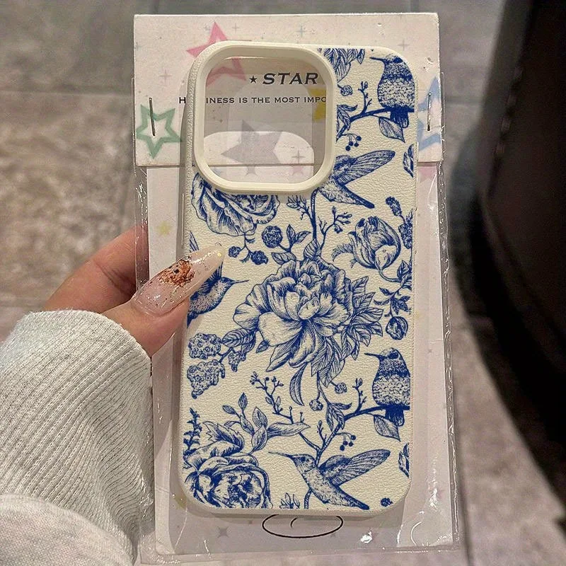 Una funda para teléfono con textura de Litchi y pájaros pintados a mano, adecuada para teléfonos de la serie iPhone 17, 16, 15, Plus, Pro, Max: se puede utilizar como regalo