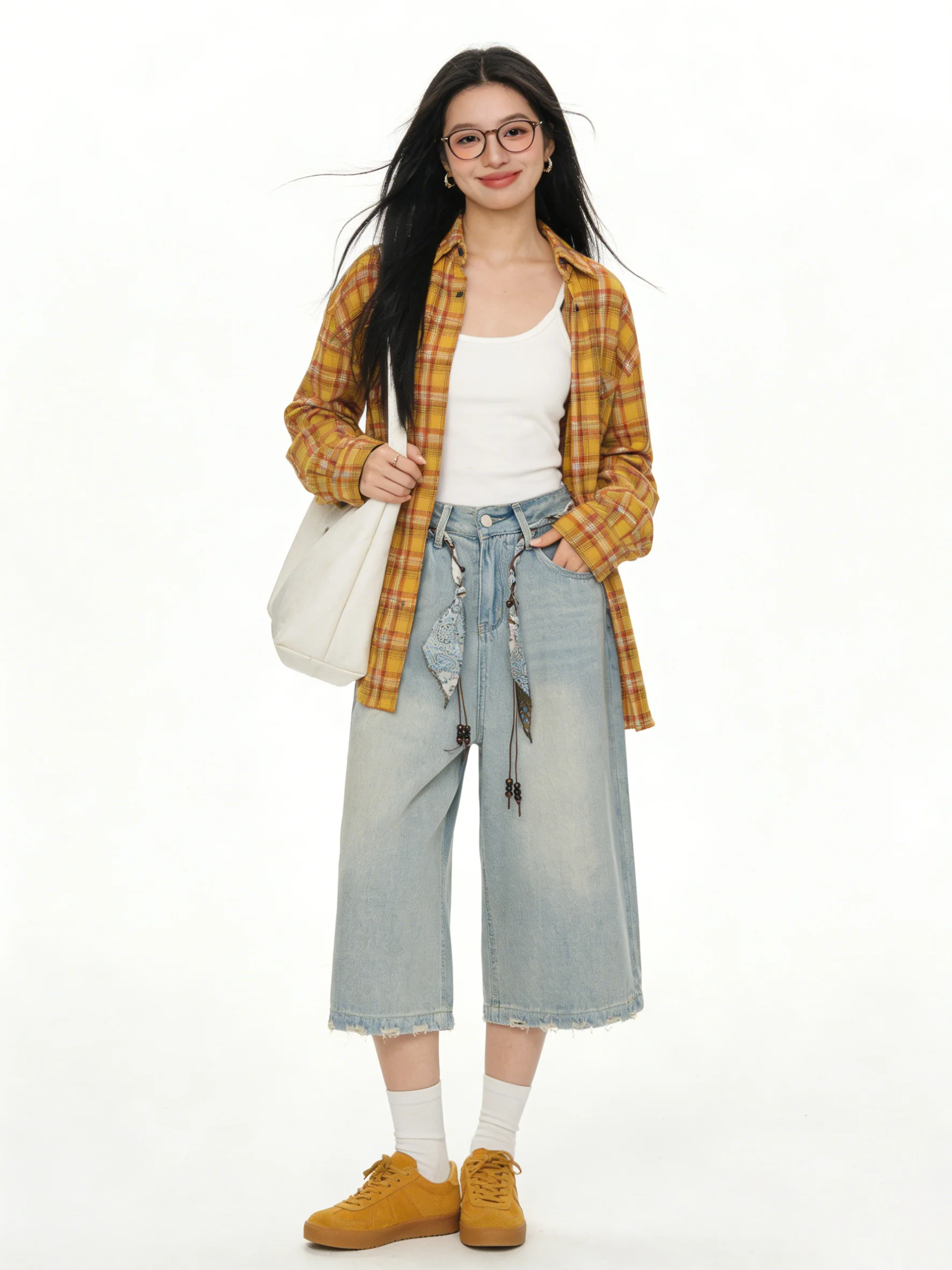 

Retro Korean Style Distressed Denim Capri Pants Light Blue Loose Slimming Wide Leg Jeans Lazy Style Summer Casual High Elasti...