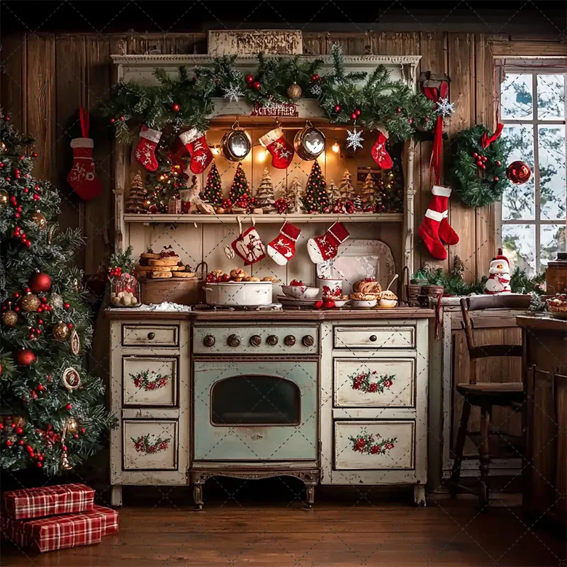 Mehofond عيد الميلاد خمر المطبخ التصوير خلفية الأسرة مهرجان حفلة خشبية العتيقة خزانة الخبز الكوكيز ديكور الخلفية