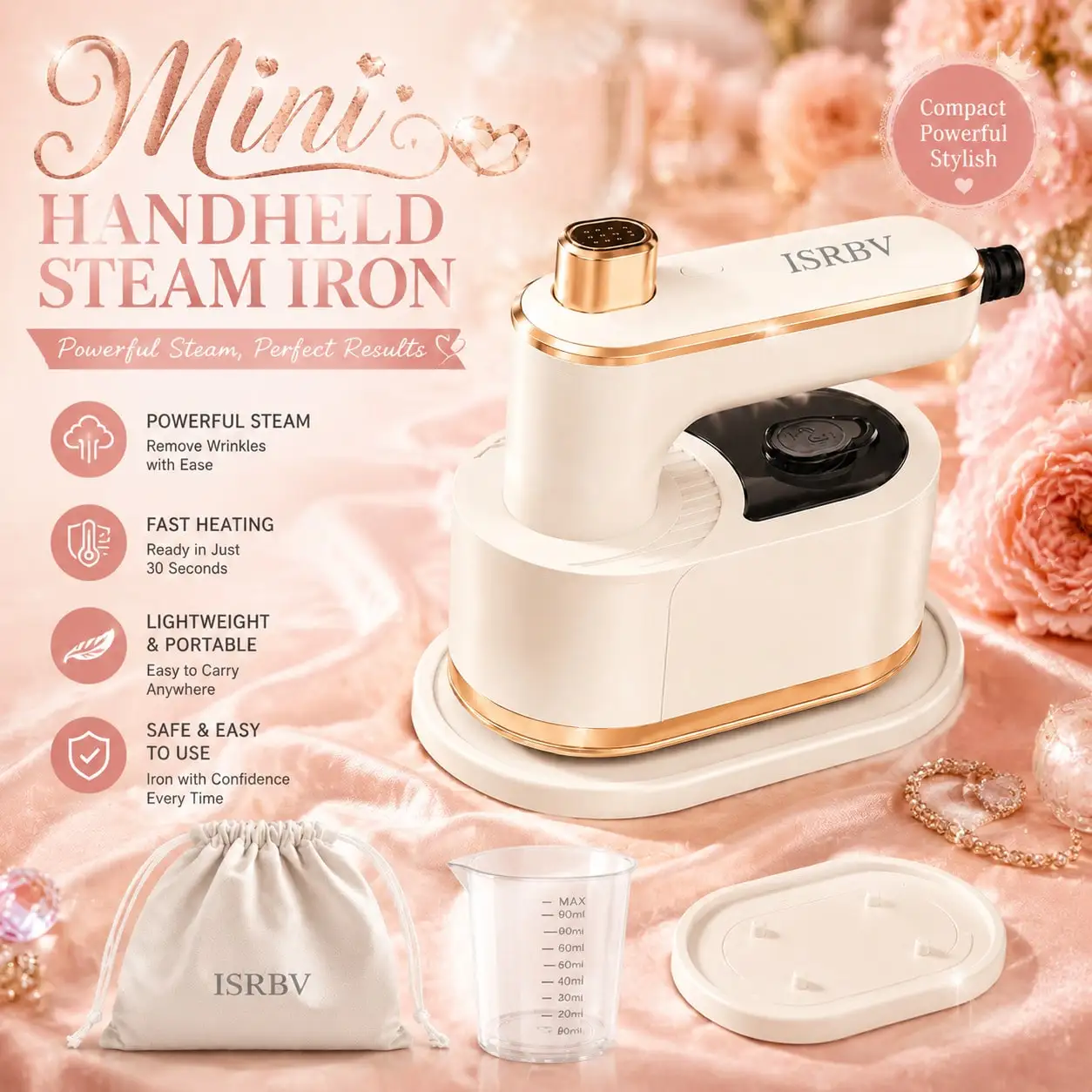 Foldable Handheld Steam Iron, Compact Travel Iron with Dry and Wet Ironing Modes, Portable Mini Iron with Heat Resistant Base Measuring Cup and Storage Bag, for Home Office Travel Clothes Wrinkle Removal