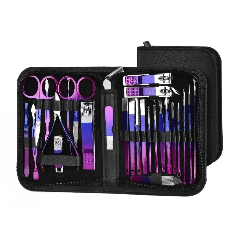 26Pcs Red Blue Gradient Nail Clipper Kit Stainless Steel Manicure Pedicure Set Nail Care Tool With Portable Storage Case Gift