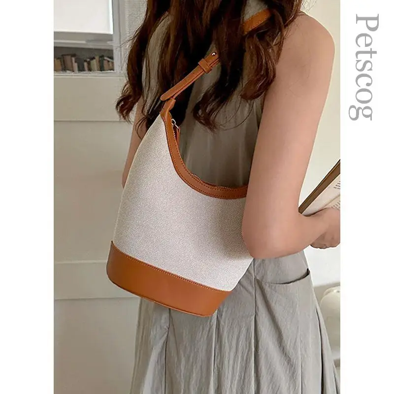 

Luxury Handbags For Women Canvas Pu Leather Patchwork Tote Bag Fashion Casual Female Shoulder Bags Clutch Bucket Bag 2024