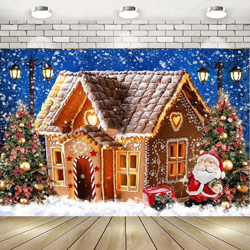 

Christmas Gingerbread Photography Backdrops Eve Two Xmas Tree Decoration Background Santa Claus Candy House Banner Poster Party