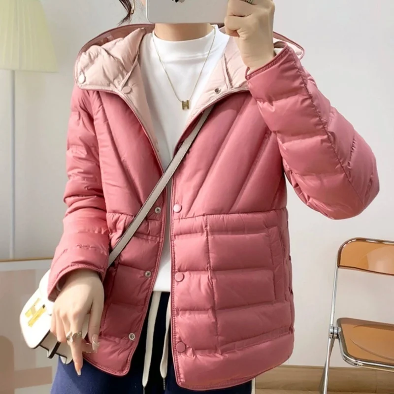 Two-Sided Winter Women Single Breasted Hooded Down Jacket Parkas Warm Light Thin White Duck Down Coat Lady Short Puffer Outwears