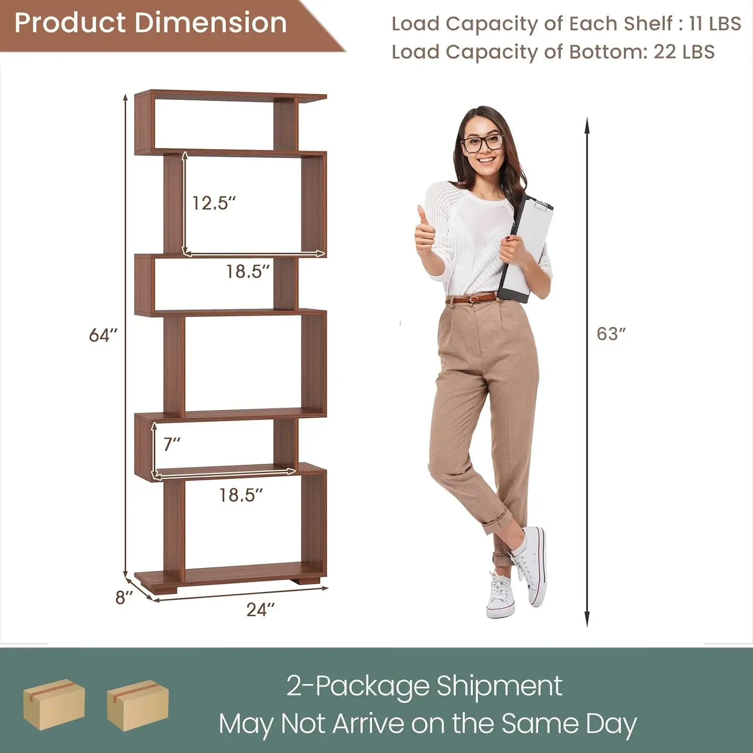 6 Tier S Shaped Bookshelf Geometric Wood Display Shelf 64