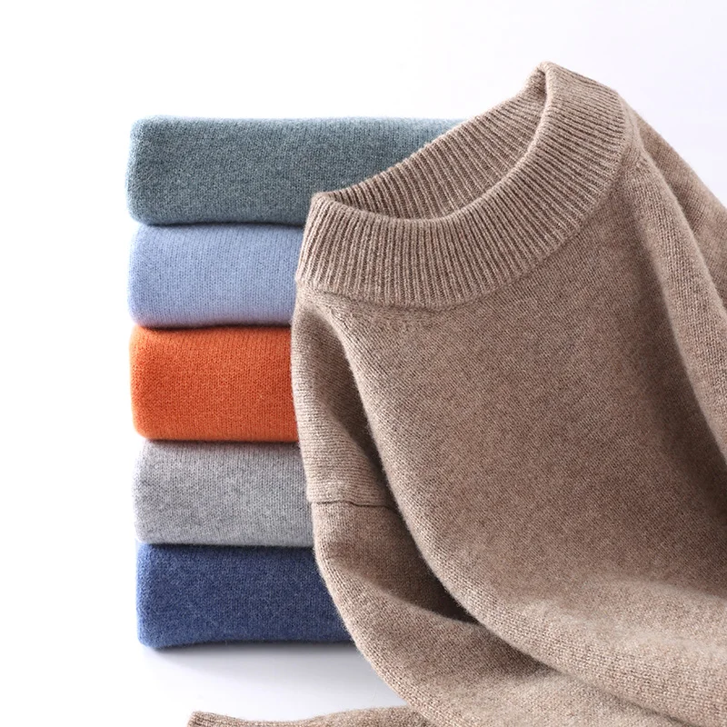 

New Men's Mock Neck Pullover Wool Sweater Autumn Winter Thick Warm Smart Casual Jumper 100% Merino Wool Knitwear Clothes Tops