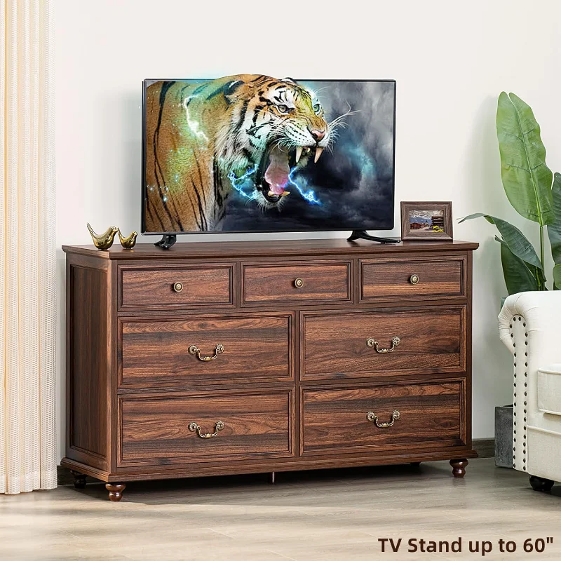 home.Farmhouse 54" 7 Drawers Dresser for Bedroom, Vintage Wood Chest of Drawers w/ 4 Wooden Legs, Wide Closet Storage