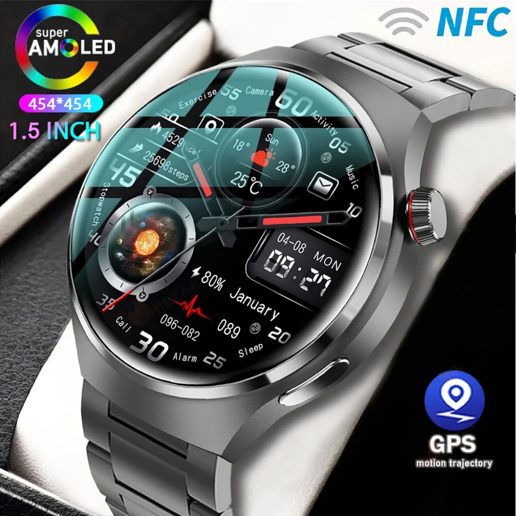 Lemado 남성용 Amoled HD 스크린 ECG 스마트워치, 2024 무선 충전, AI 음성, gps, nfc, 혈당측정 스마트워치, 15 일 대기, 4 스마트 워치, 워치 한국어지원, 1.5 인치 