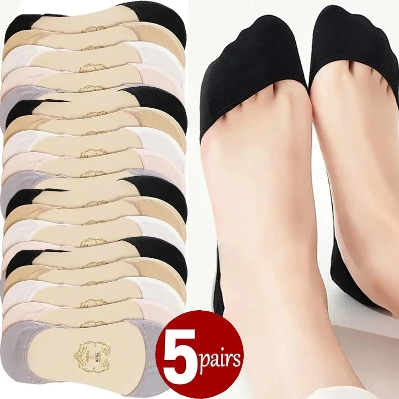 Meias finas de silicone invisível para mulheres, meias de tornozelo com corte baixo, chinelos de algodão antiderrapante, verão, 5 pares