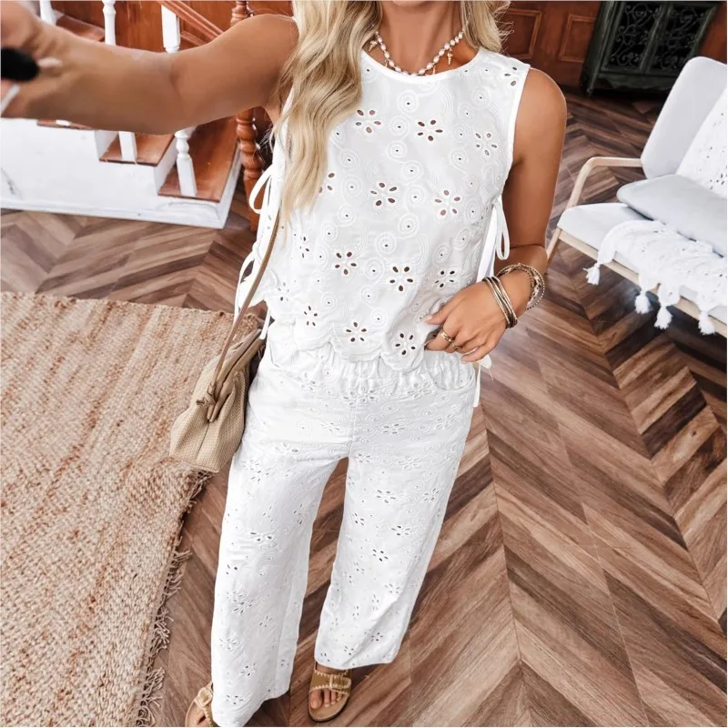 

Bohemian 2026 Summer 2-Piece Set Hollow Lace Round Neck Sleeveless Women Tank Top Solid Color Loose Long Pants Beach Vacation