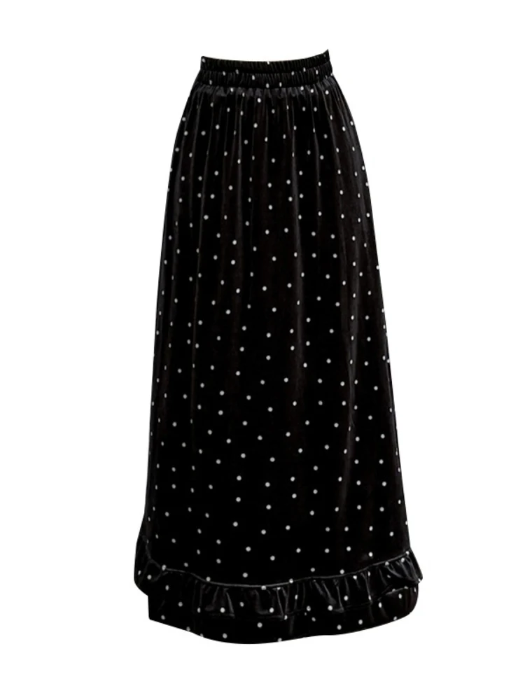REALEFT Autumn Winter Vintage Dots Printed Thicken Velvet Women's A-line Skirts High Waist Casual Loose Umbrella Skirts Female