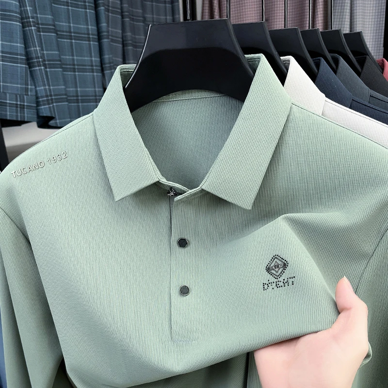 

Роскошная модная рубашка-поло с длинными рукавами мужская осенняя новая дизайнерская брендовая повседневная шелковая футболка с вышивкой буквами устойчивая к морщинам