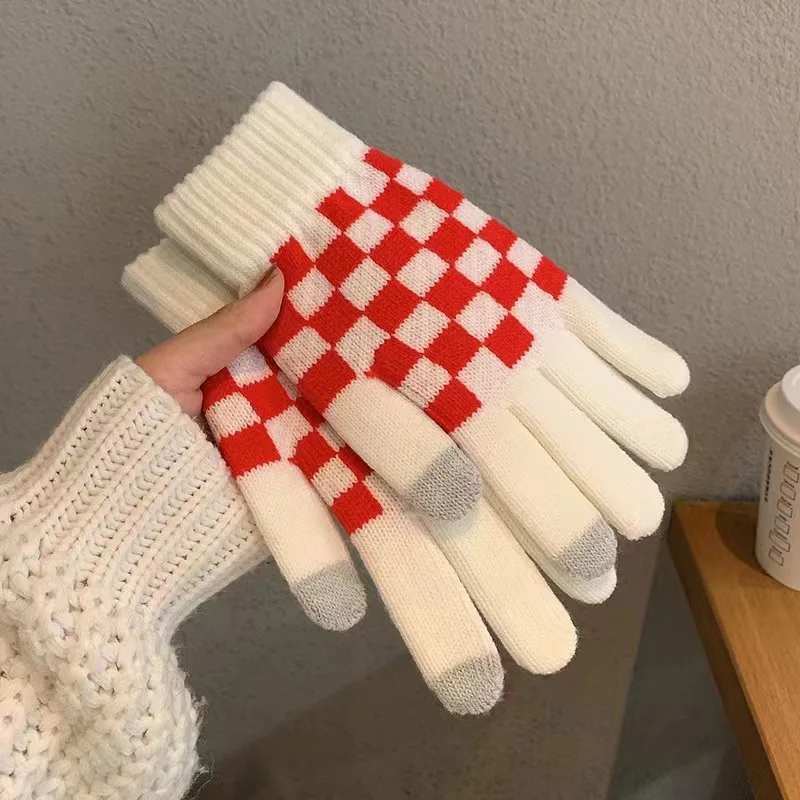 

Winter Elastic Knitting Gloves Women Fashion Checkerboard Magic Stretch All Finger Mittens Touch Screen Thicken Warm Gloves T167