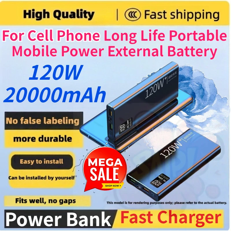 20000mAh 120W Super Fast Charger Power Bank High Density Battery Long Life Portable Mobile Power External Battery for Cell Phone