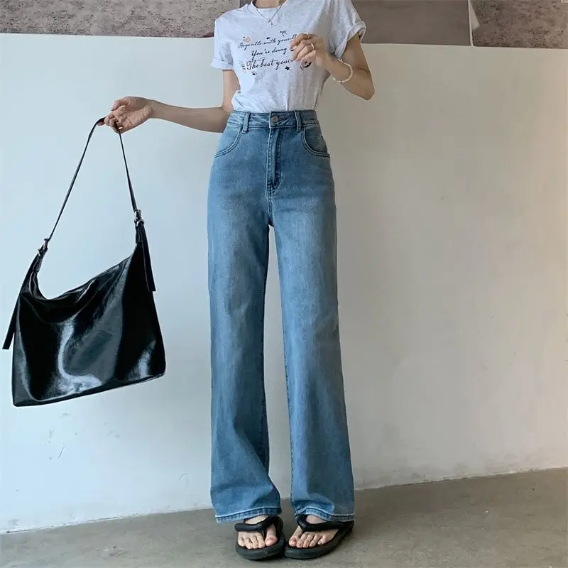 بنطال نسائي عتيق عالي الخصر من قماش الدنيم بقصة ضيقة مع جينز كاجوال فضفاض قابل للتمدد طويل ومريح وغير رسمي