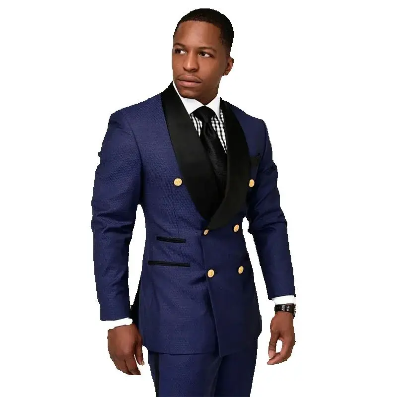 Latest Design 2 Piece Men Suits Black Shawl Lapel Double Breasted Slim Fit Best Man Groom Tuxedo Wedding Party Suits Ropa Hombre