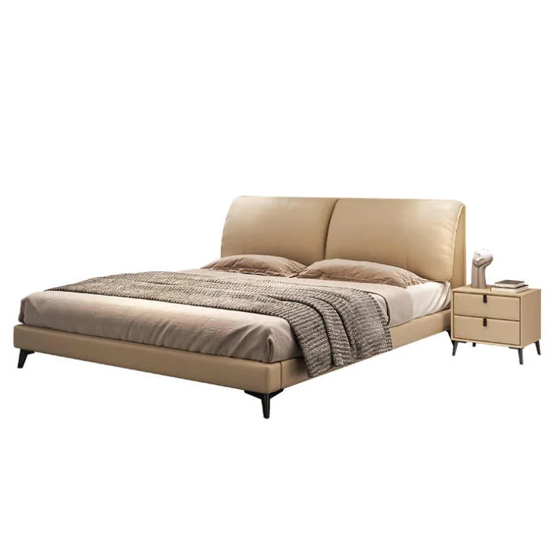 Italian minimalist elephant ear pole leather bed, light luxury minimalist master bedroom  soft bag flush edge