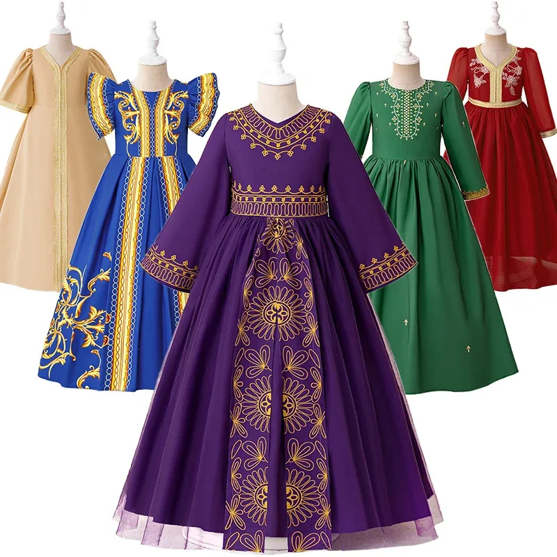 

2025 New Muslim Robe Festival Children's Vintage Print Girls Arabic Traditional Clothing Luxury Kids Gown Elegant Party Dresses