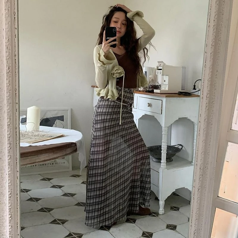 

Deeptown Vintage Plaid Skirt Women Korean Style Y2k Mesh Long Skirts Elegant Sweet Harajuku Retro Fashion Skirts Streetwear