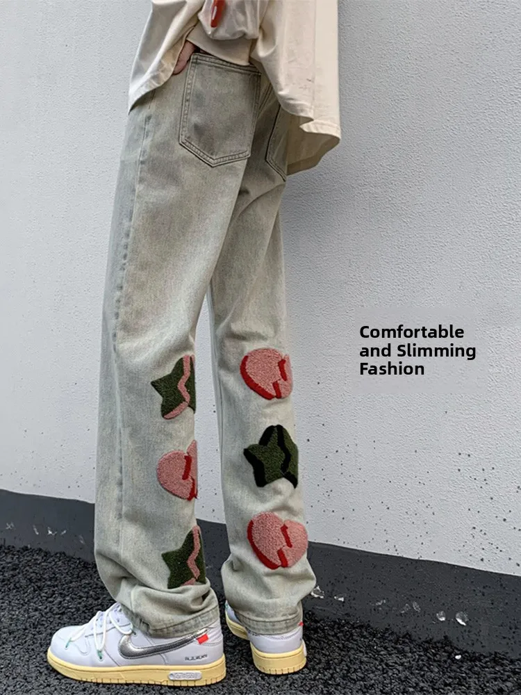 

Американские джинсовые джинсы в стиле ретро, мужские весенне-осенние новые прямые брюки с широкими штанинами, крутые повседневные брюки из смеси хлопка и полиэстера