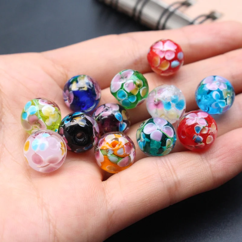 10Pcs 10mm 12mm 14mm Handmade Glass Lampwork beads Flower Simply Red Green Brown Color  for Jewelry Making Wholesale and Retail