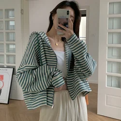 Vintage stripe Zip Up Women Korean Style Hoodies For Girls Top Long Sleeve Oversized Hooded Sweatshirt Jacket Casual short Coats