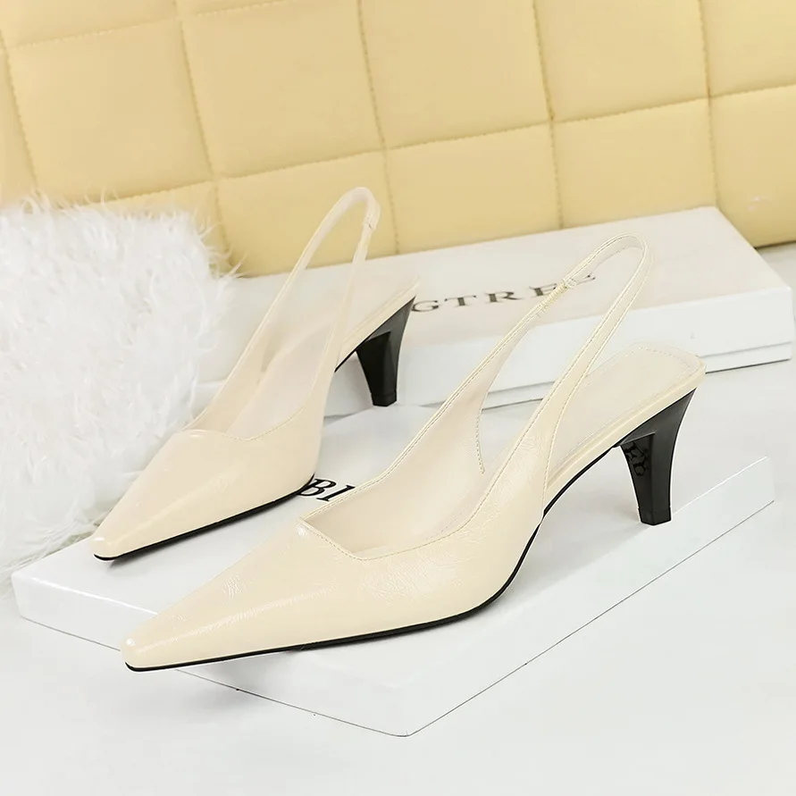 Women's Minimalist Style Tapered High Heel Shallow Mouth Small Square Toe Hollowed Back Strap Versatile Pumps Middle Heels Shoes