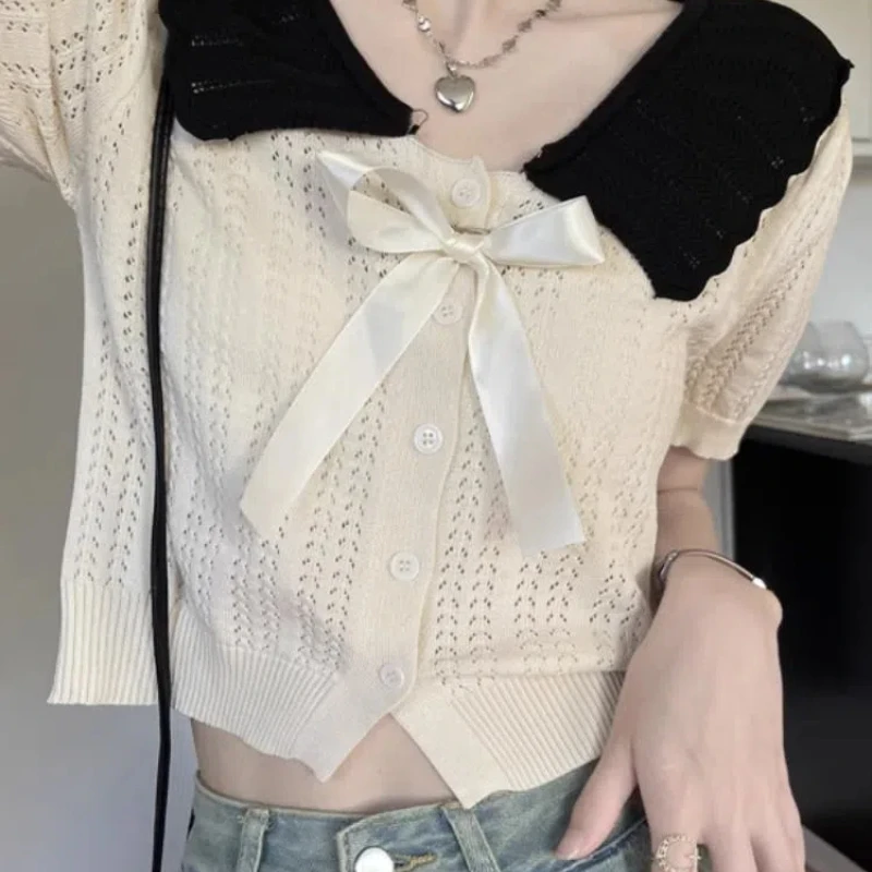 Doll Neck Hollow Short Sleeve Knitted Cardigan for Women Sweet Wood Ear Lapel Short College Style Top