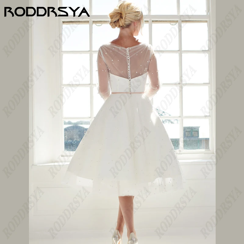 RODDRSYA-Vestido De Novia corto con cuello redondo para mujer, traje bohemio De tul De manga larga con botones en la espalda, Vestido De Novia De play-Vestido De Novia corto con cuello redondo para mujer, traje bohemia