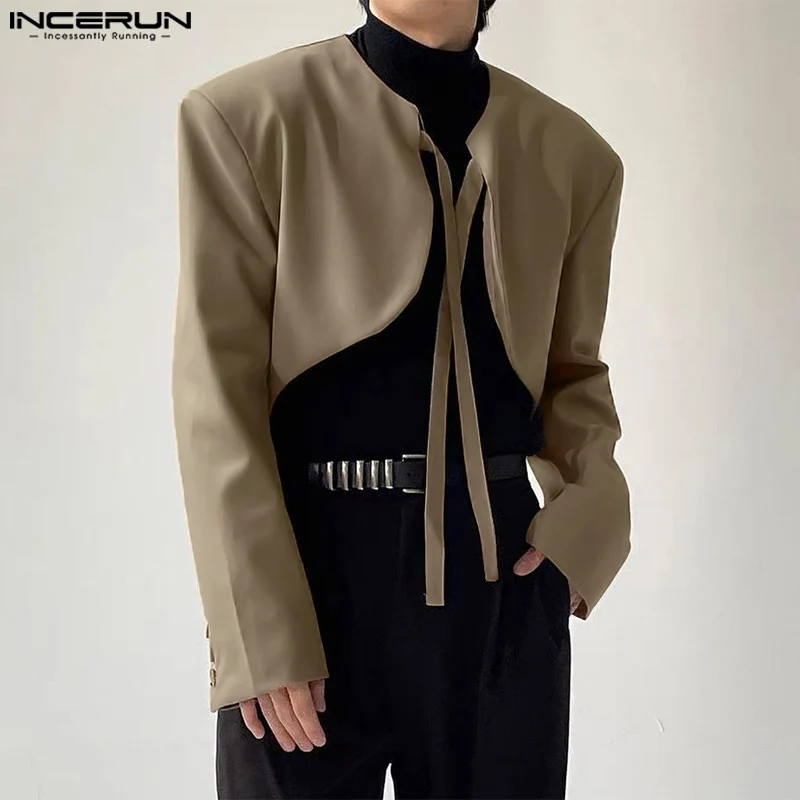 

INCERUN Men Irregular Blazer Solid Color Lace Up Long Sleeve Open Stitch Streetwear Crop Suits Men 2024 Fashion Thin Coats S-5XL