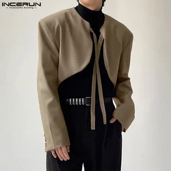 INCERUN Men Irregular Blazer Solid Color Lace Up Long Sleeve Open Stitch Streetwear Crop Suits Men 2024 Fashion Thin Coats S-5XL