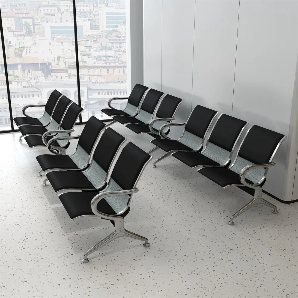 

Waiting Room Bench - 3 Seat Chair, Set of 4 PU Leather Airport Guest Reception Chairs Barber Waiting Bench with Armrests