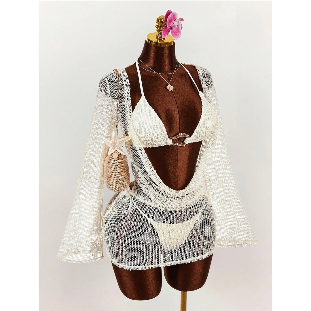 Mit langen Ärmeln, als Überwurf, Neckholder-Bikini, Damen-Badeanzug, dreiteiliges Bikini-Set, Badebekleidung, Badeanzug, Modell V8397. – Detail 5