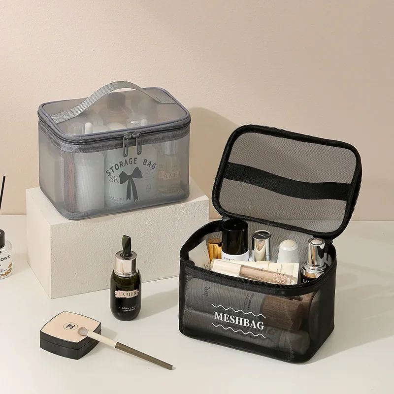 

Portable Mesh Cosmetic Bag Large Capacity Translucent Travel Storage Bag Zipper Lightweight Toiletry Bag