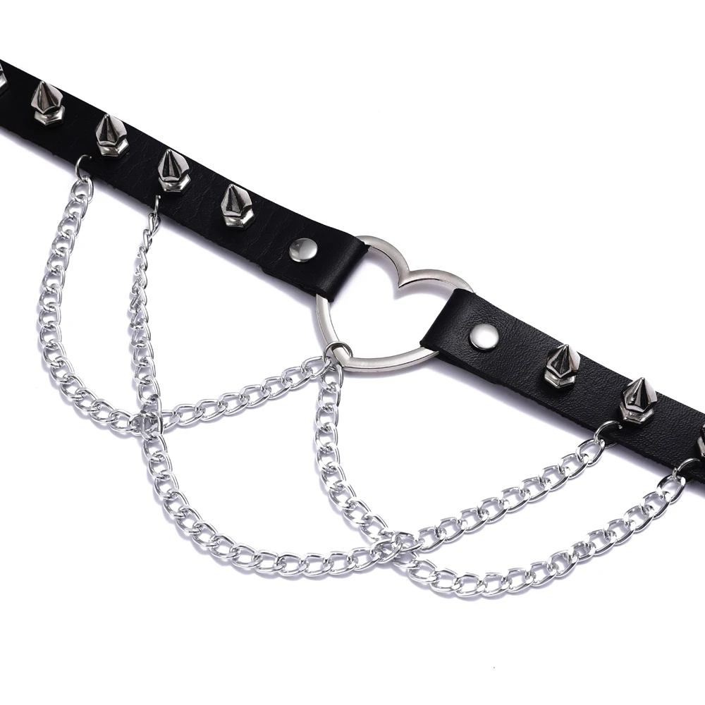 Punk Spiked Choker Necklace For Women Girls Goth Heart Chocker With Chain Leather Collar Jewelry Gothic  Accessories