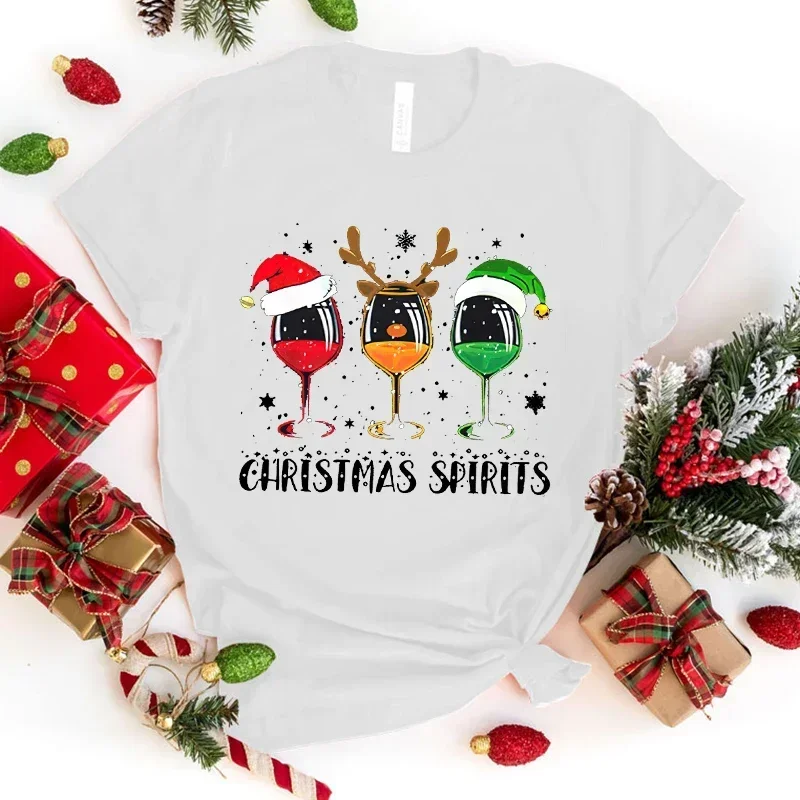 New Fashion Christmas Spirits Red Wine Glass Print Graphic T Shirt Unisex Fashion Casual Short Sleeve Shirt Tee(Premium T-shirt)