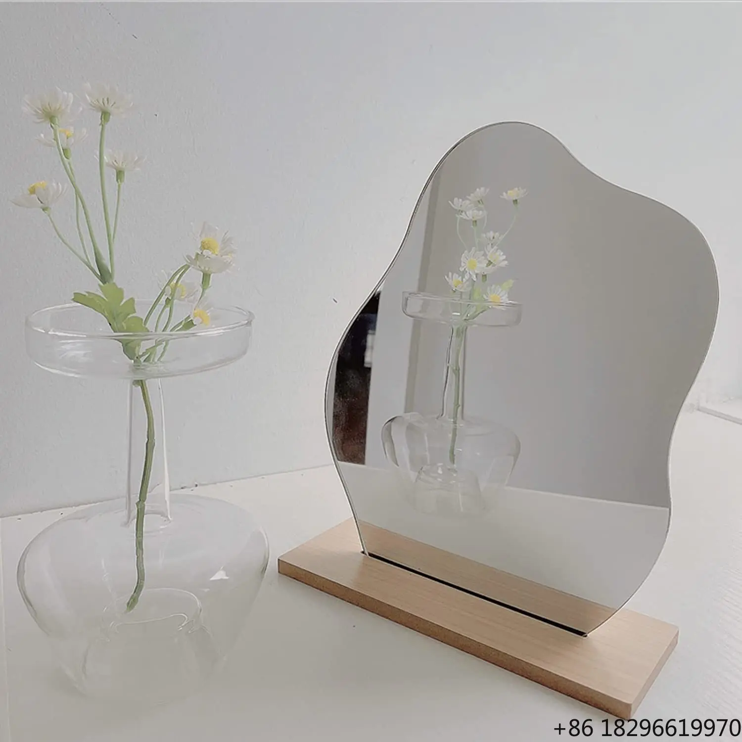

Ins Style Irregular Acrylic Makeup Mirror Wooden Base Aesthetic Vanity Mirror Cosmetic Mirror For Bedroom