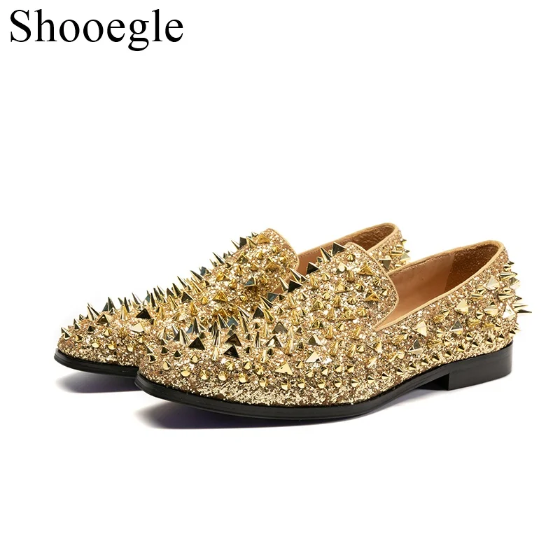 

Gold Bling Bling Spiked Shoes Men Round Toe Rivet Studded Sequined Flat Shoes For Man Slip On Party Shoes Male Gold Sliver Shoes