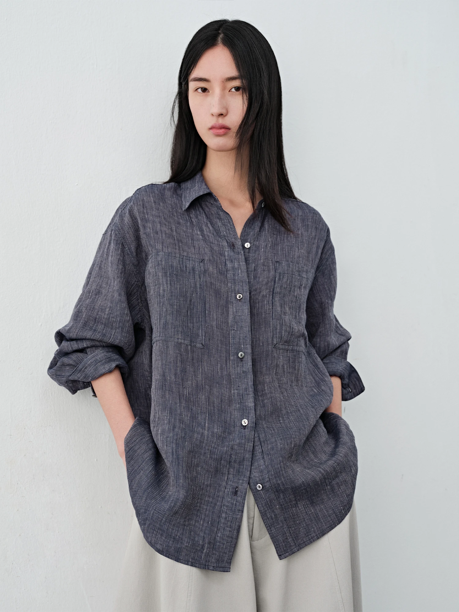 

Haverice Restaurant Blues Holiday 100% Linen Striped Shirt Top Rationality Casual Loose Fit Long Sleeve Women's Shirt