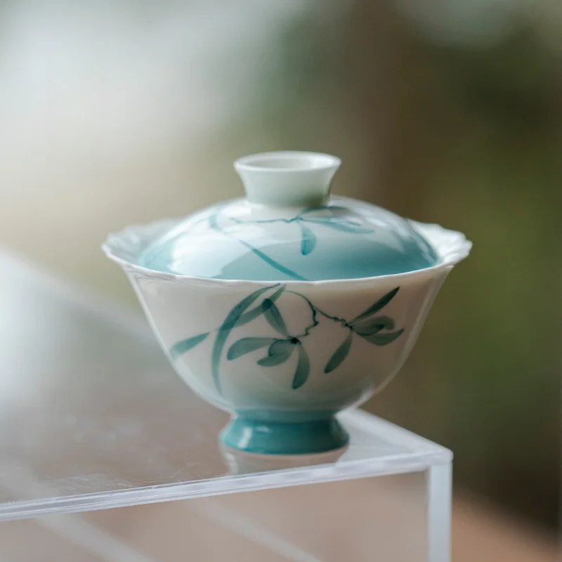 Gradient Orchid‑pattern Gaiwan Ceramic Flared‑rim Tea‑brewing Bowl Teacup Tea Ceremony Bowl Dehua White Porcelain Gaiwan Gift