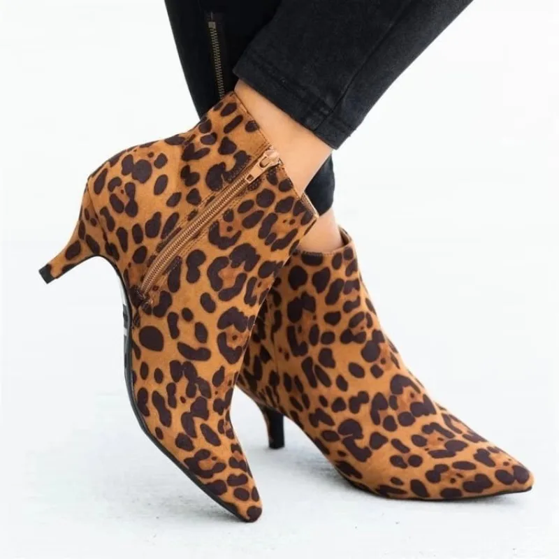 2023NEW  Ankle Boots Leopard Women Pointed Toe Ladies Chunky High heel Female Shoes Footwear Plus Size