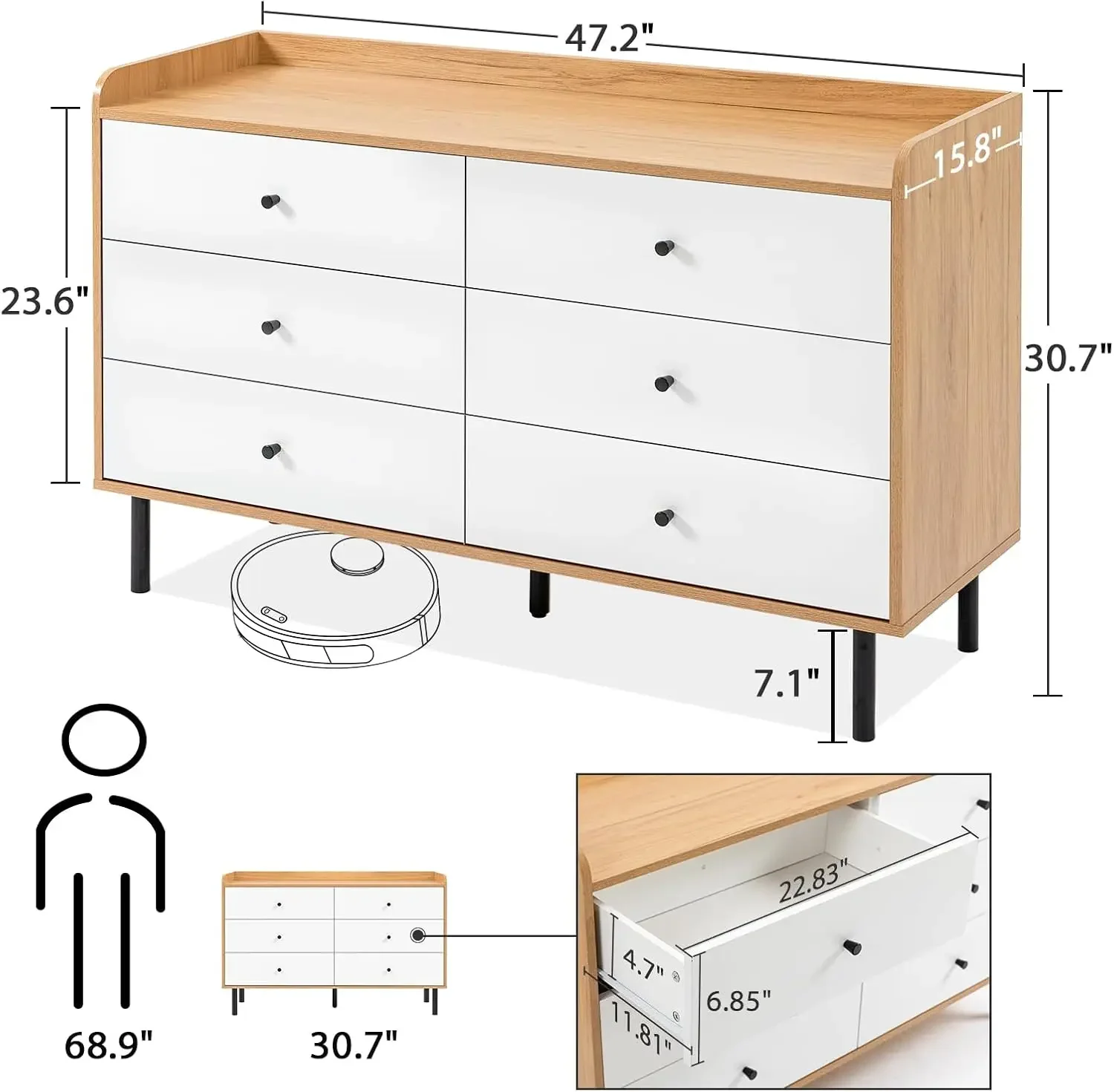 Bedroom with 6 Drawers and Metal Handle,Sturdy Frame Modern Bedroom Furniture, Chest of Drawers, White Dressers with Drawers for