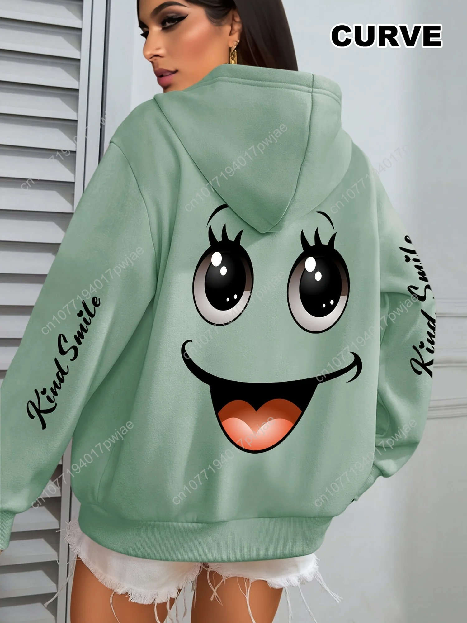 遊び心のある漫画の顔のデザインが施された女性用白いパーカー - 「Kind Smile」の文字、秋と冬用のカジュアルプルオーバー、カジュアルウェアパーカー