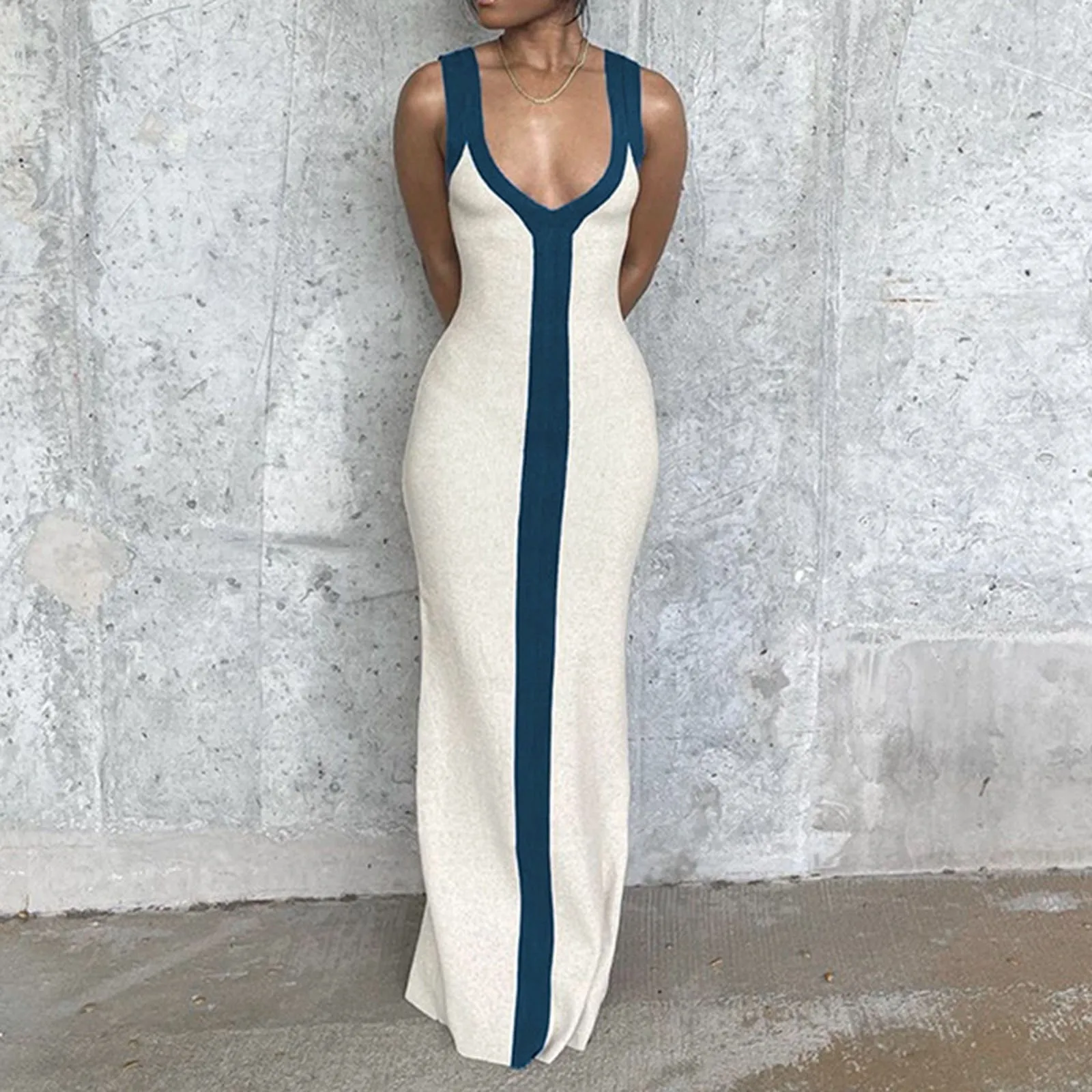 

Women Sexy Contrast Color Striped Maxi Dress Sleeveless Slim Skinny V-Neck Long Dresses Robe Summer Holiday Dress Womens Costume