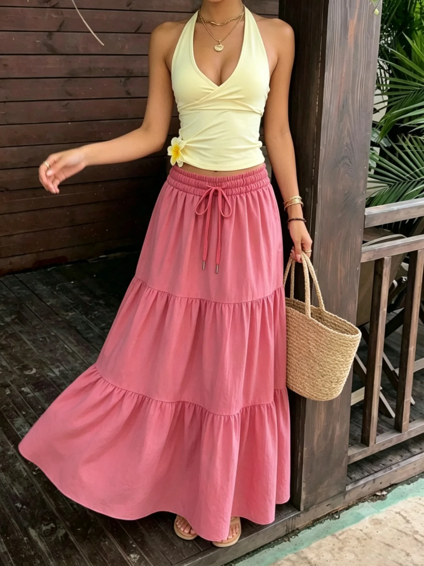 Damen-Maxirock mit Stufen, elastischem Kordelzug, hoher Taille, Rüschen, fließendem A-Linien-Schnitt, langer Rock, lässiger Boho-Strand-Sommerrock für Frauen – Detail 5