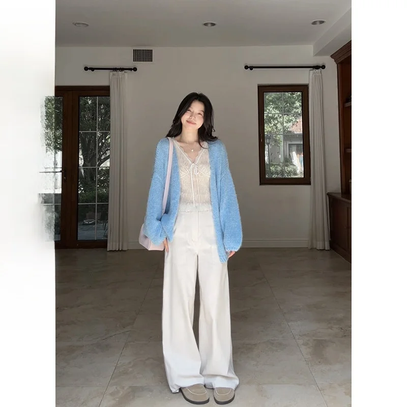 

Комплект для женщин: шерстяной свитер с эффектом похудения и прямые брюки с кружевом от Guo Jiujiu, осенний модный комплект для повседневной носки